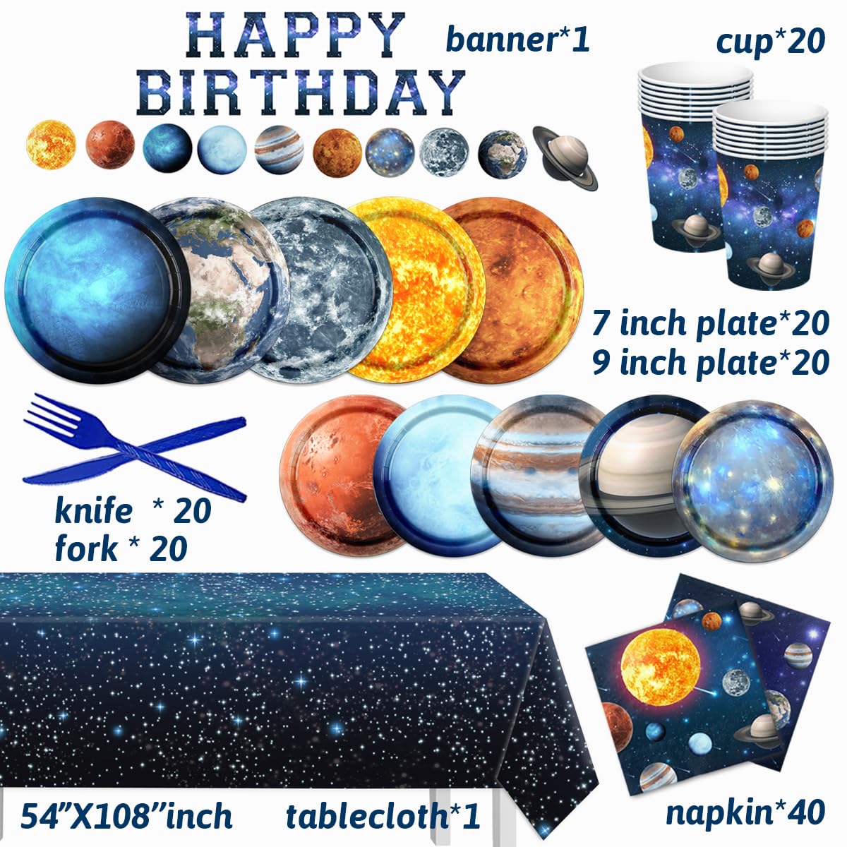 Space Theme Party Decorations-142Pcs Space Plates and Napkins Kit Galaxy Solar System Outer Space Tableware for Birthday Party