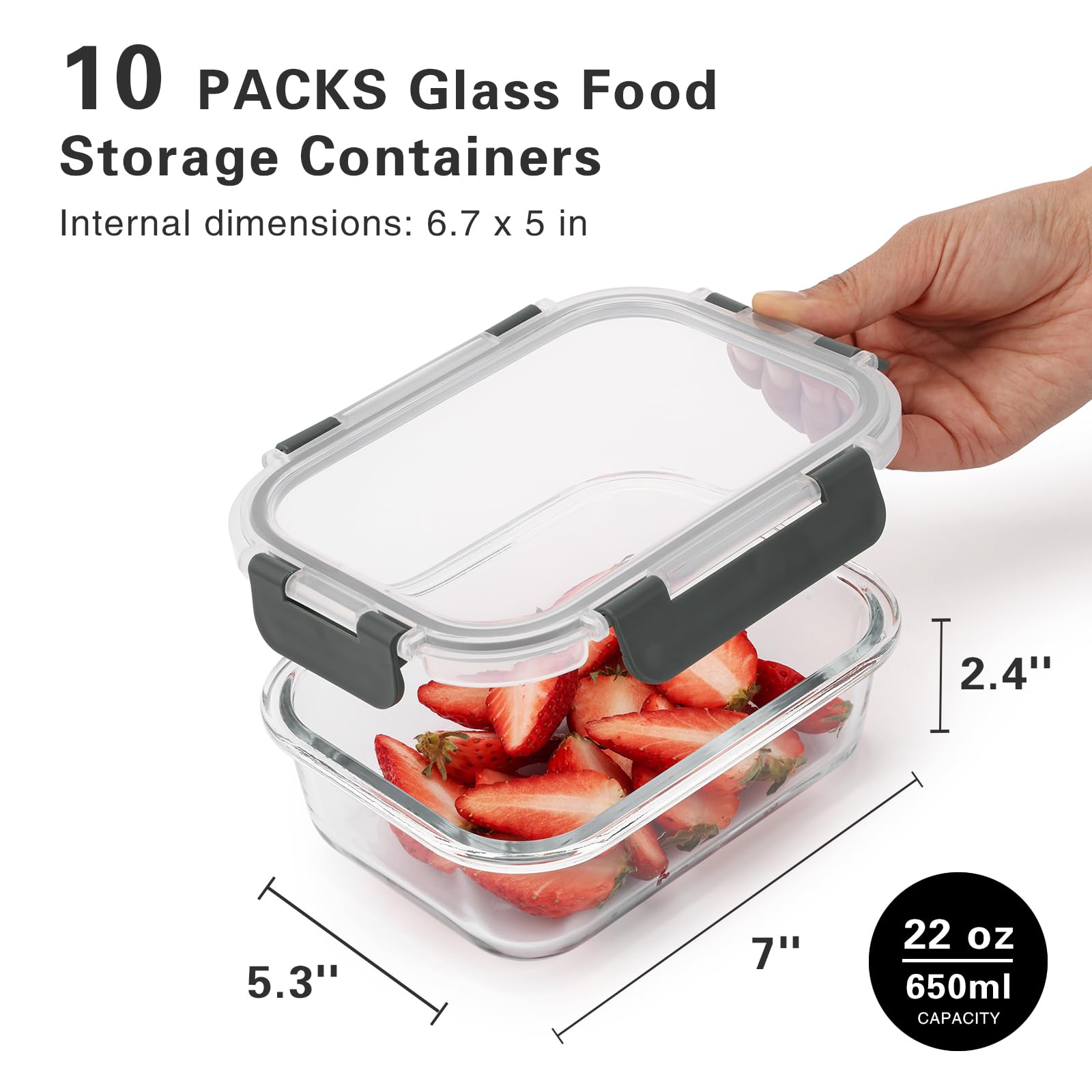 Cuiselect 10 Pack 22 Oz Glass Meal Prep Containers with Lids, Reusable Glass Food Storage Containers with Lids, Leak Proof, Microwave, Oven, Freezer and Dishwasher Safe (Gray)