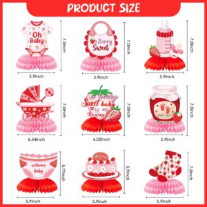 VorkiVecKi Strawberry Baby Shower Decorations - Berry Sweet Honeycomb Centerpieces 9 Pieces Pink Berry Sweet Baby Shower Decorations Supplies for Girls Gender Announcement Party Table Decor