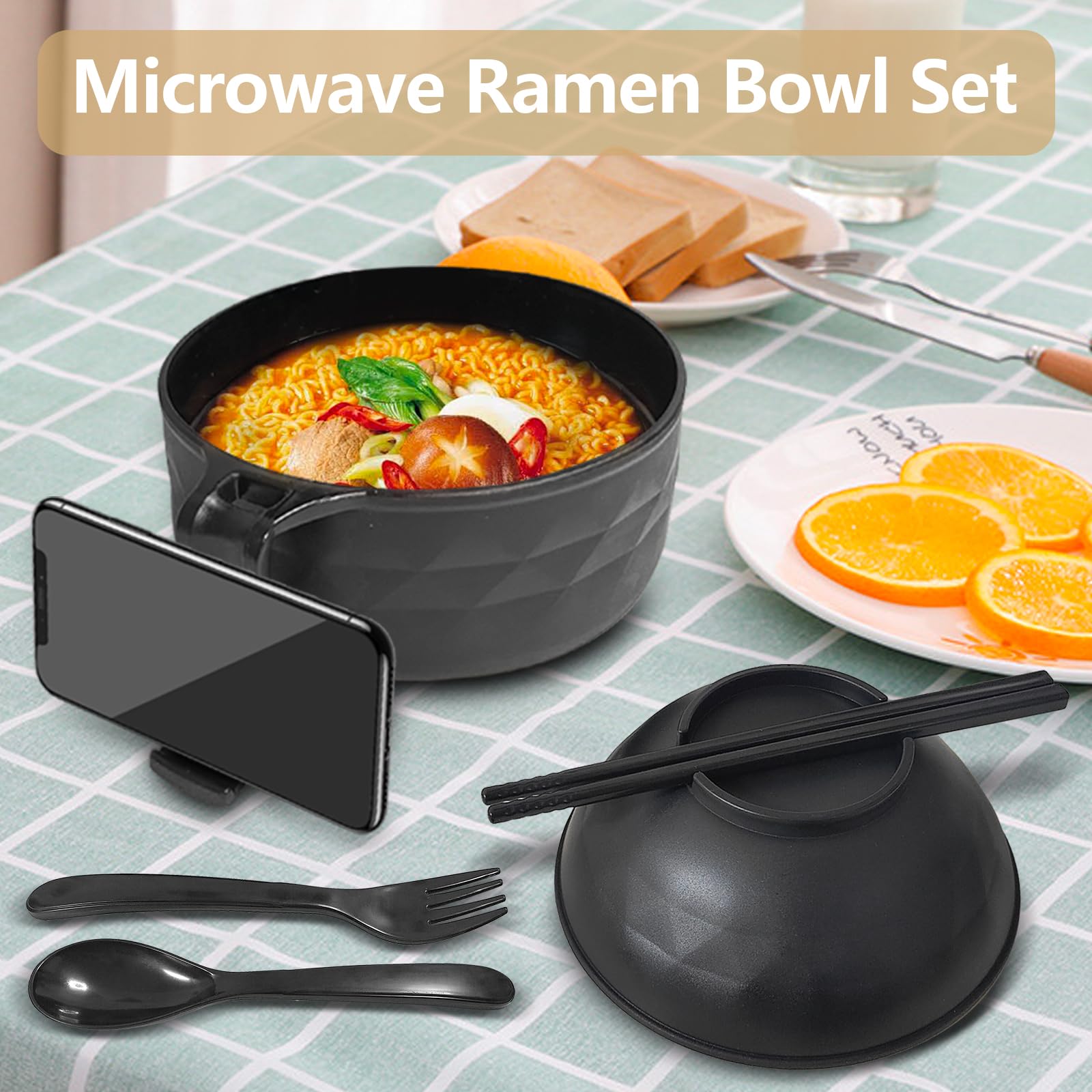 YEINLAN Ramen Bowl Set，Microwave Ramen Cooker Instant Noodles Bowl with Chopsticks Spoon Phone Holder,Rapid Ramen Noodle Bowl, College Dorm Room Essentials Dishwasher-Safe