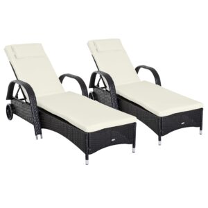 outsunny wicker outdoor chaise lounge set of 2, 5-level adjustable backrest pe rattan pool lounge chair with wheels, cushion & headrest, dark coffee and cream white