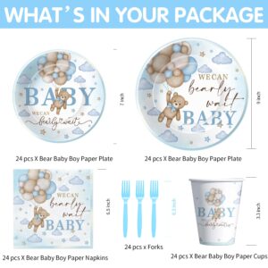 Suhelkit Bear Baby Shower Decorations Party Tableware Boy - We Can Bearly Wait Baby Shower Decorations Supplies, Paper Plate, Napkin, Cup, Fork, Blue Teddy Bear Baby Shower Party Supplies | 24 Guests