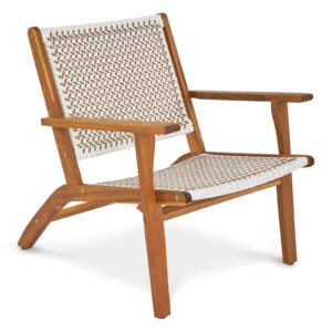 outvita natural stain outdoor chair, mid century modern accent armchair, reading lounge chair with ecru handwoven rope and solid acacia wood frame for bedroom patio balcony indoor