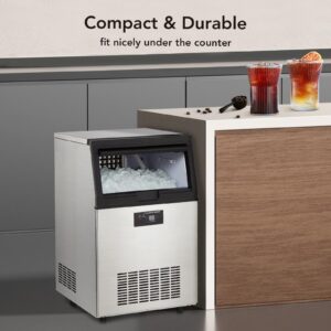 Commercial Ice Maker Machine 90lbs/24H, Stainless Steel Under Counter ice Machine with 30lbs Ice Storage Capacity, Freestanding Ice Maker(4 * 8 Ice Cube)