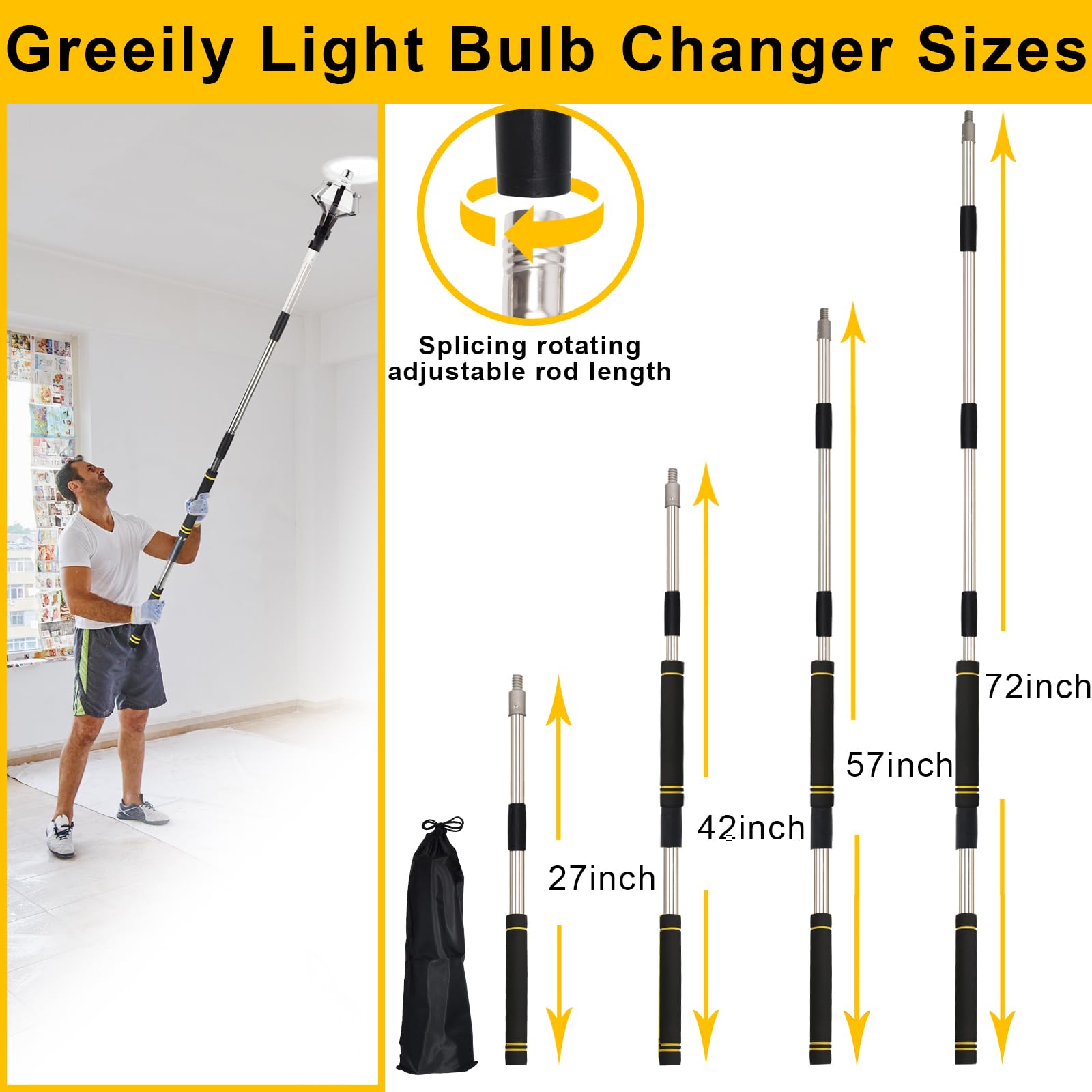 Greeily High Reach Light Bulb Changer, 2ft to 6ft Light Bulb Changer for High Ceilings with Extension Pole Baskets and Suction Cup Bulb Removal Tool Stainless Steel Material Sturdy Durable (6FT)