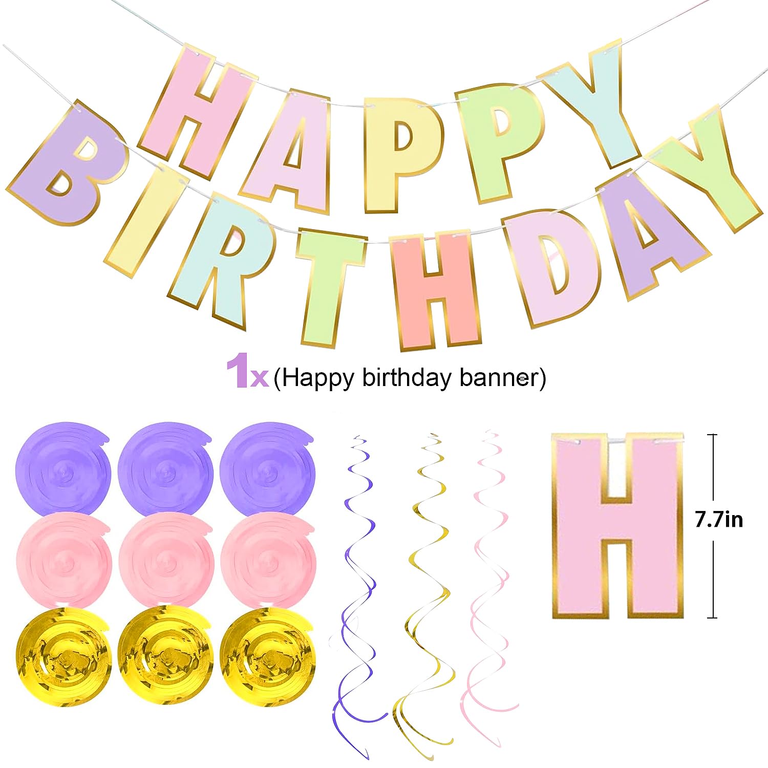 pugkloy Macaron Birthday Party Decorations with Macaron Happy Birthday Banner,Pastel Birthday Balloons,Circle Dots Garland,Tissue Pompoms,Hanging Swirls for Women Girls Pastel Birthday Decorations