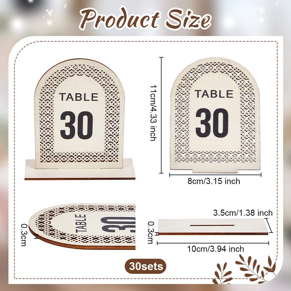 OLYCRAFT 30 Sets Wooden Table Number Signs 3.1x4.3 Inch Numbers 1~30 Rattan Openwork Wooden Sign Wedding Table Numbers Stands with Base Table Number Display for Restaurant Receptions Wedding Supplies