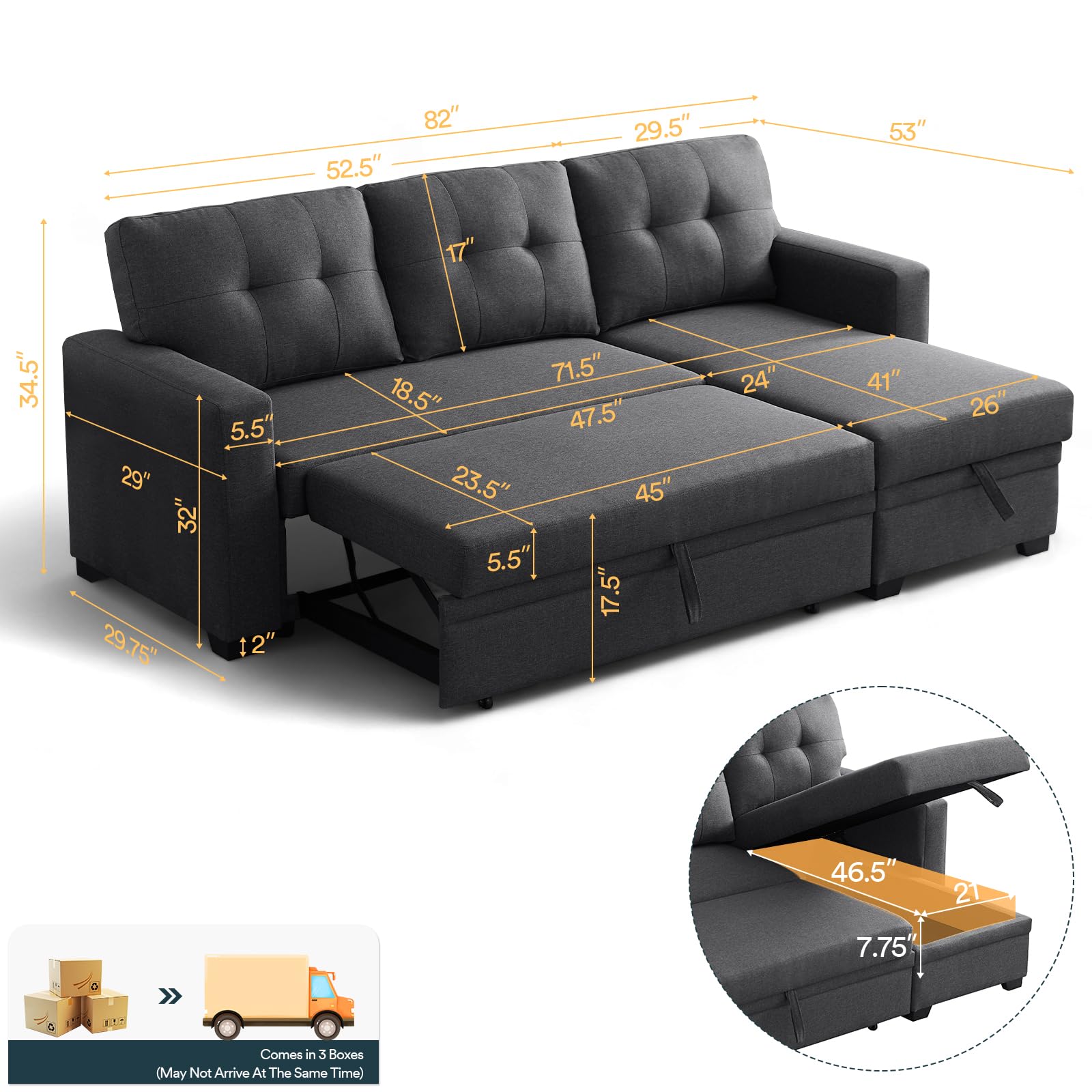 Skepphlay L Shaped Couch with Pull Out Bed Chaise Lounge for Home Living Room, Dark Grey