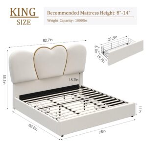 HITHOS King LED Bed Frame with 4 Storage Drawers, Modern Velvet Upholstered Platform Bed with 55" Tall Heart Shaped Headboard, Solid Wooden Slats Support, No Box Spring Needed, Metal Trim, Beige