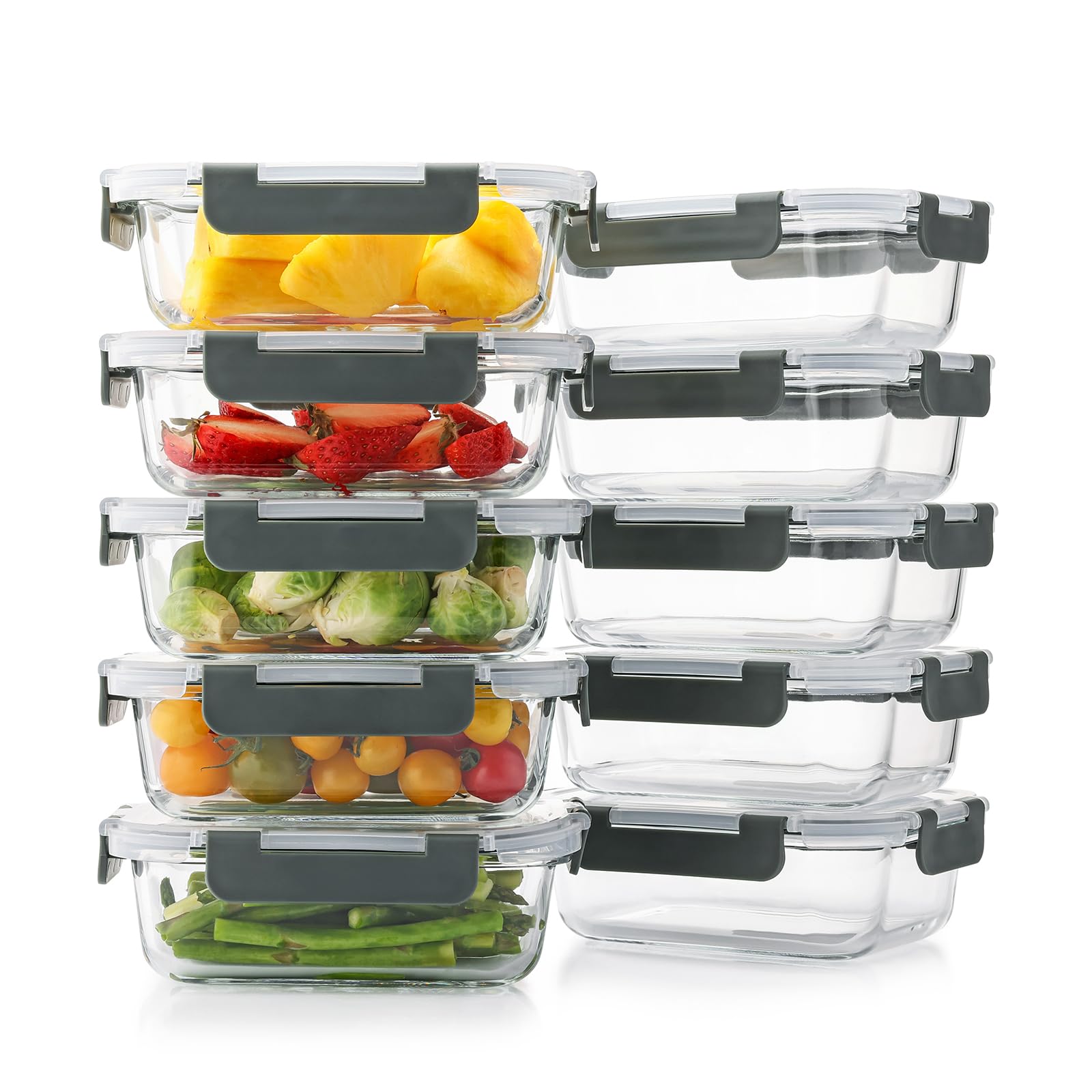 Cuiselect 10 Pack 22 Oz Glass Meal Prep Containers with Lids, Reusable Glass Food Storage Containers with Lids, Leak Proof, Microwave, Oven, Freezer and Dishwasher Safe (Gray)