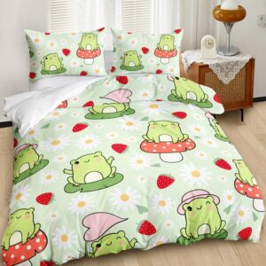 AILONEN Cute Frog Kids Duvet Cover Set, 3 Pieces Queen Size Frog Bedding Set,Cute Frog Strawberry Pattern Comforter Cover Set, 1 Quilt Cover and 2 Pillowcases