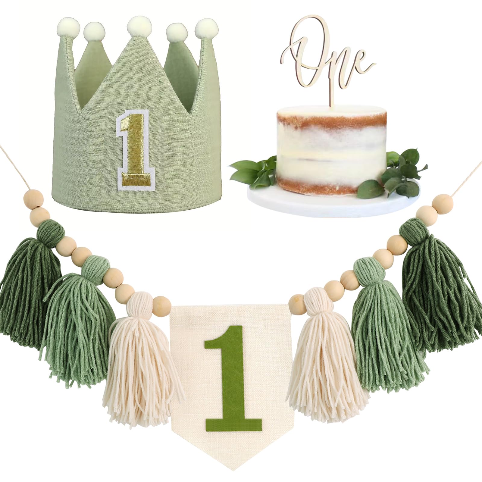 Handmade Boho 1st Birthday Wild One Green High Chair Banner Boho 1st Birthday Hat Decorations for Woodland Party for Girl Baby Shower Green Safari Wall Hangings Decorative for Kids Bedroom