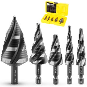 kakilfob four spiral flute step drill bit set, 5 pieces 1/8"-1-3/8" hss unibit step drill bit, 1/4" and 3/8" shank step bits for metal, aluminum, wood, plastic