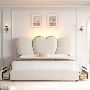 HITHOS King LED Bed Frame with 4 Storage Drawers, Modern Velvet Upholstered Platform Bed with 55" Tall Heart Shaped Headboard, Solid Wooden Slats Support, No Box Spring Needed, Metal Trim, Beige