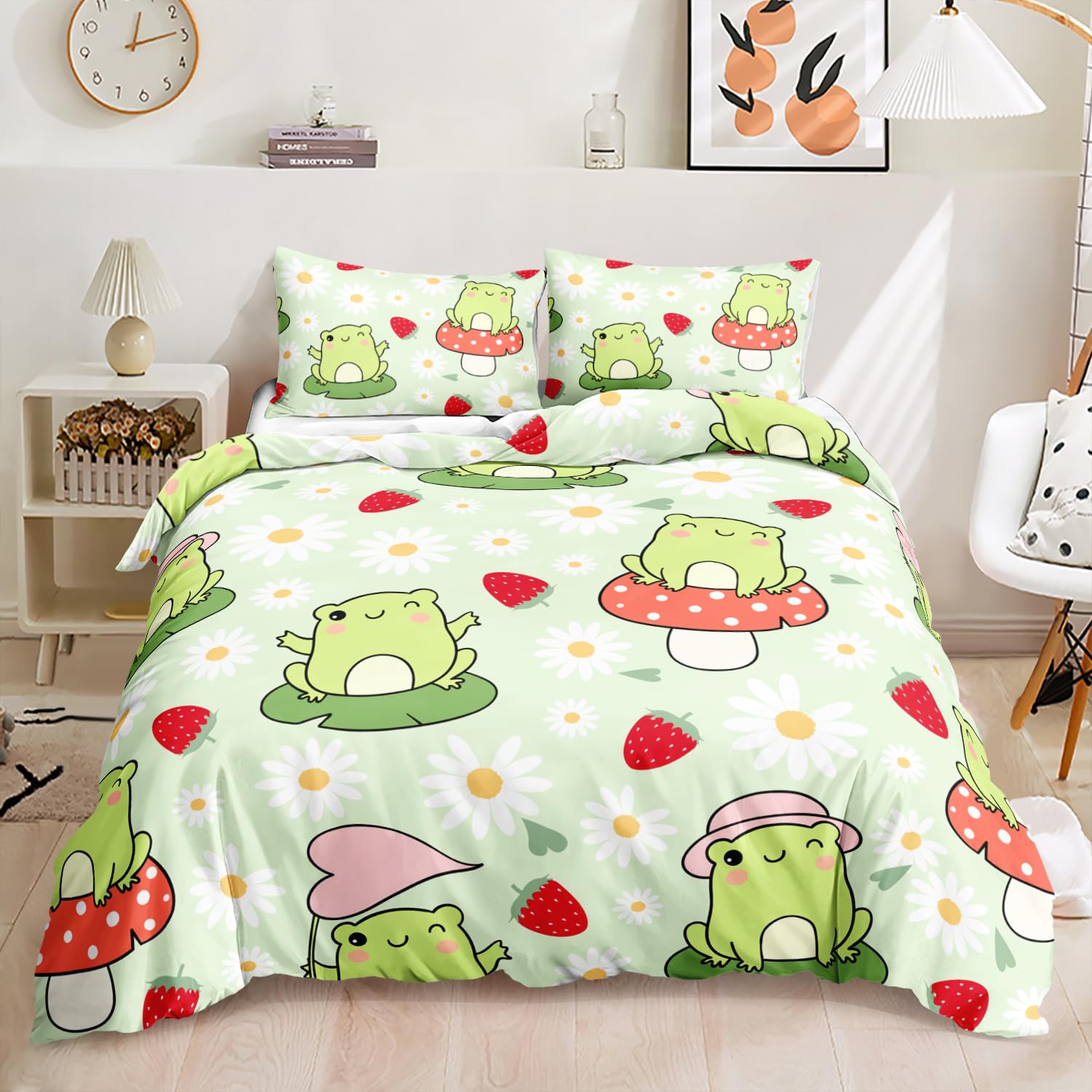 AILONEN Cute Frog Kids Duvet Cover Set, 3 Pieces Queen Size Frog Bedding Set,Cute Frog Strawberry Pattern Comforter Cover Set, 1 Quilt Cover and 2 Pillowcases