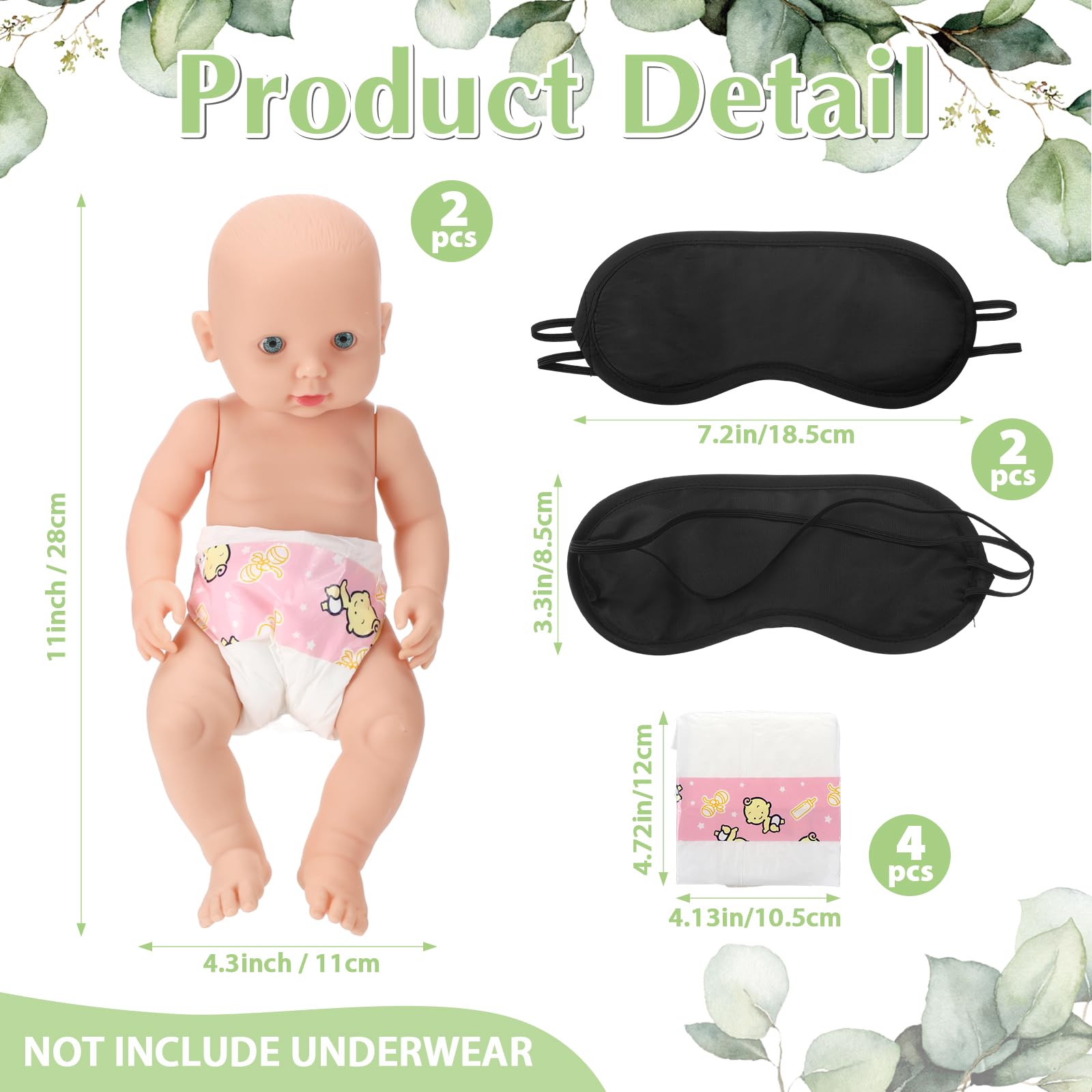 Lineshading 9 Pcs Baby Shower Game Supplies for Blindfold Diaper Changing Baby Dolls with Blindfolds Diapers Baby Changing Diaper Race Game Set for Baby Shower (Green,Leaves)