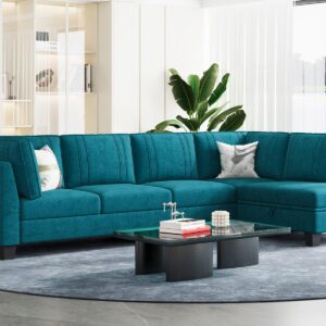 Belffin 4 Seater Sectional Sofa with Reversible Chaise, L Shaped Sofa Sectional Couch with Convertible Storage Ottoman Peacock Blue