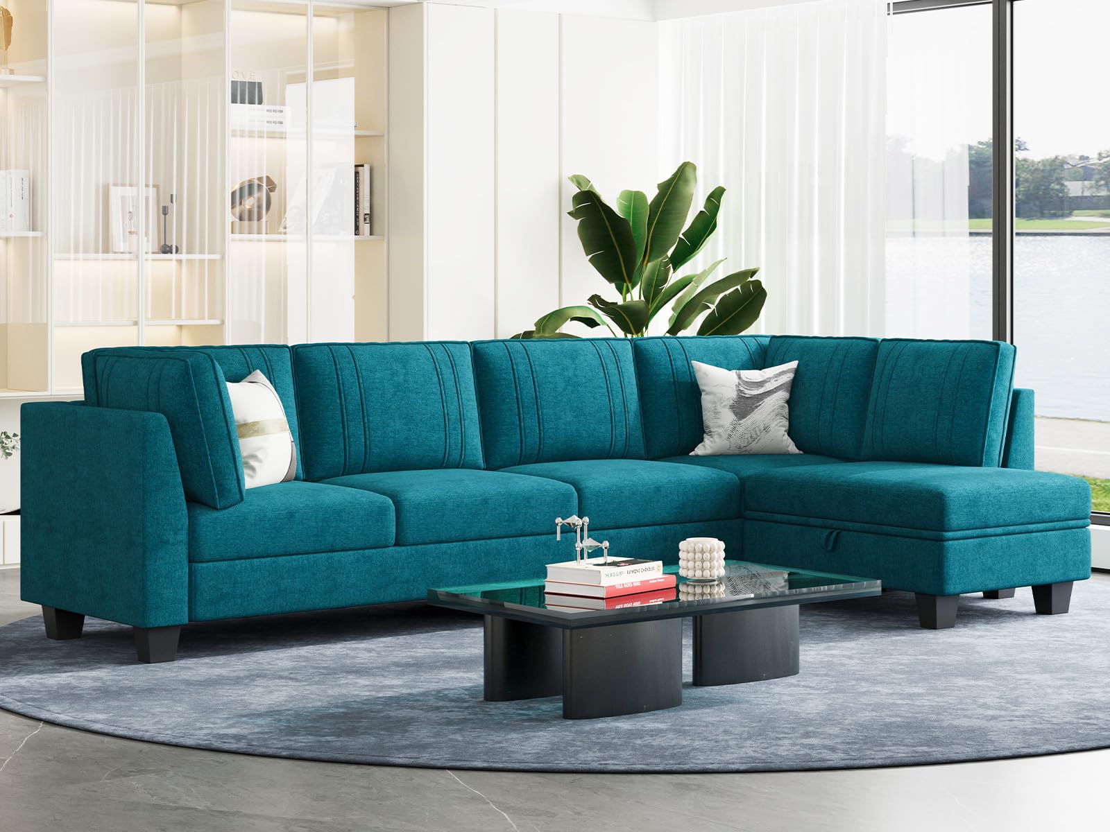 Belffin 4 Seater Sectional Sofa with Reversible Chaise, L Shaped Sofa Sectional Couch with Convertible Storage Ottoman Peacock Blue