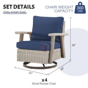 Yokayoay Wicker Patio Chairs Set of 4, Swivel Rocking Chairs Rattan Rocker Chairs Porch Chairs with Thickened Cushions and High Back Outdoor Furniture for Outside Porch Balcony Deck Garden