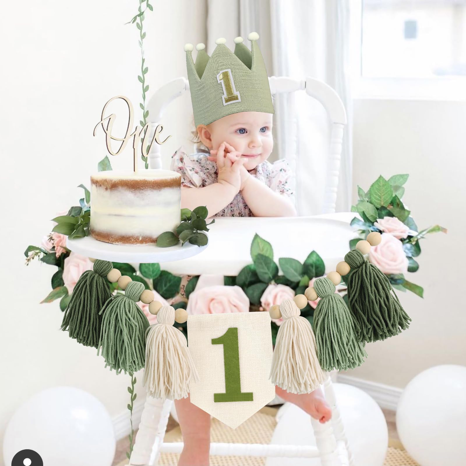 Handmade Boho 1st Birthday Wild One Green High Chair Banner Boho 1st Birthday Hat Decorations for Woodland Party for Girl Baby Shower Green Safari Wall Hangings Decorative for Kids Bedroom