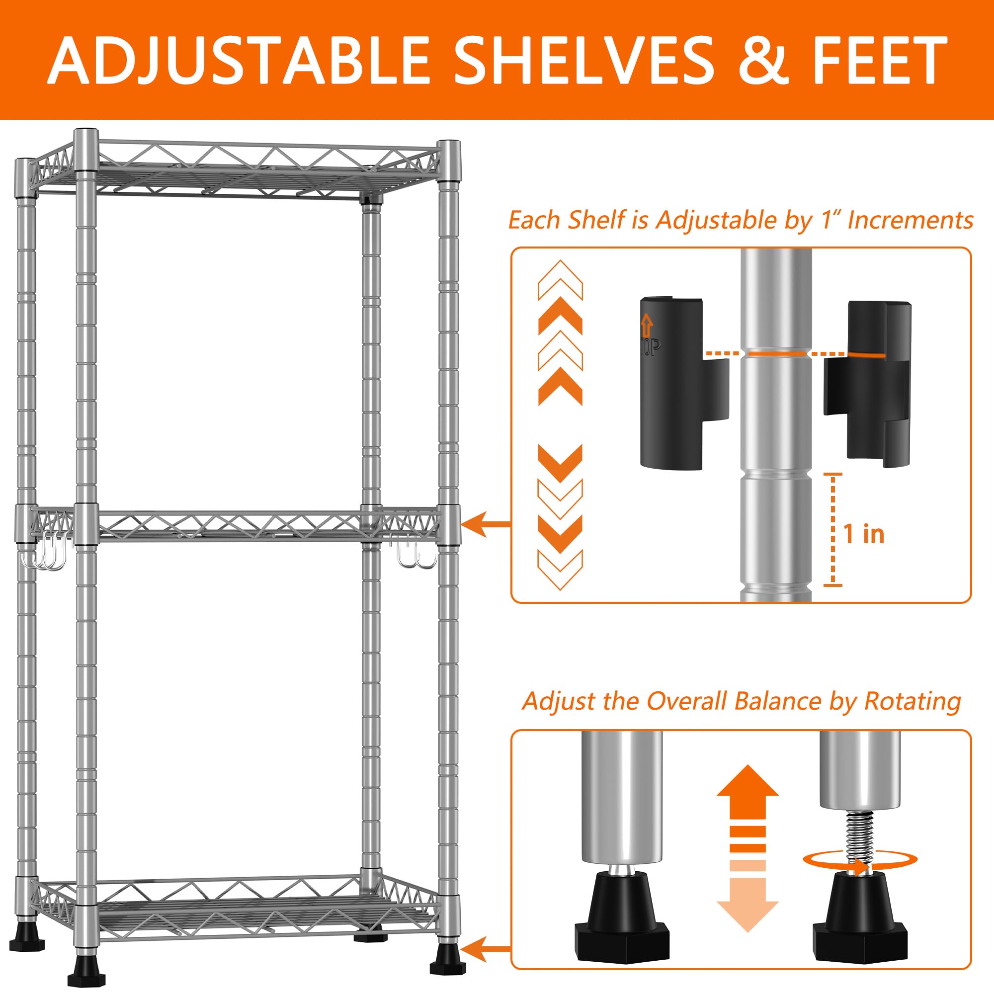 YOHKOH 3 Tier Storage Shelves Rack,16.6L x 11.5W x 32.5H Adjustable Metal Shelf Units,Steel Storage Wire Shelving,Closet,Kitchen,Home,Office with 5 Hooks Silver