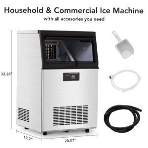 Commercial Ice Maker Machine 130lbs/24H, Stainless Steel Under Counter ice Machine with 30lbs Ice Storage Capacity, Freestanding Ice Maker(5 * 9 Ice Cube)