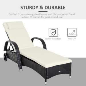 Outsunny Wicker Outdoor Chaise Lounge Set of 2, 5-Level Adjustable Backrest PE Rattan Pool Lounge Chair with Wheels, Cushion & Headrest, Dark Coffee and Cream White