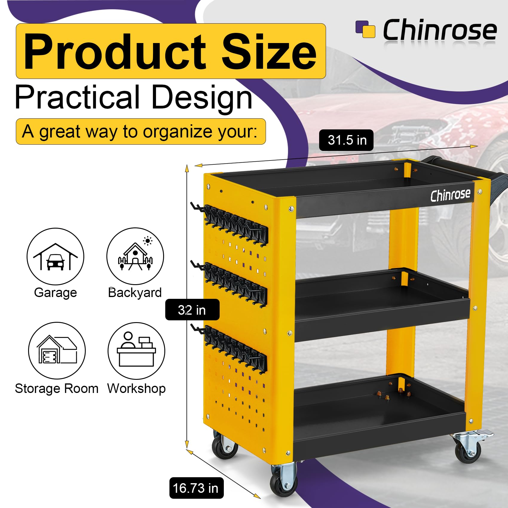 3 Tier Rolling Tool Cart on Wheels, Heavy Duty Utility Tool Cart with Pegboard,Tool Cart for Mechanics, Garage, Warehouse, Workshop