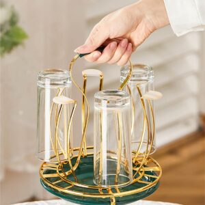 Alunsito Cup Drying Rack Beer Glasses Stand 6 Mugs Metal Drainer Holder Non-Slip Mugs Organizer with Handle for Sink, Coffee Table, Outdoor