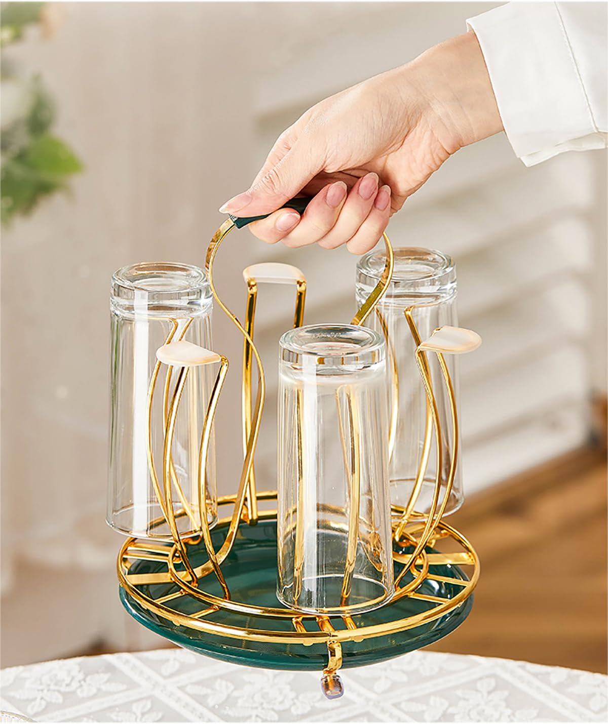 Alunsito Cup Drying Rack Beer Glasses Stand 6 Mugs Metal Drainer Holder Non-Slip Mugs Organizer with Handle for Sink, Coffee Table, Outdoor