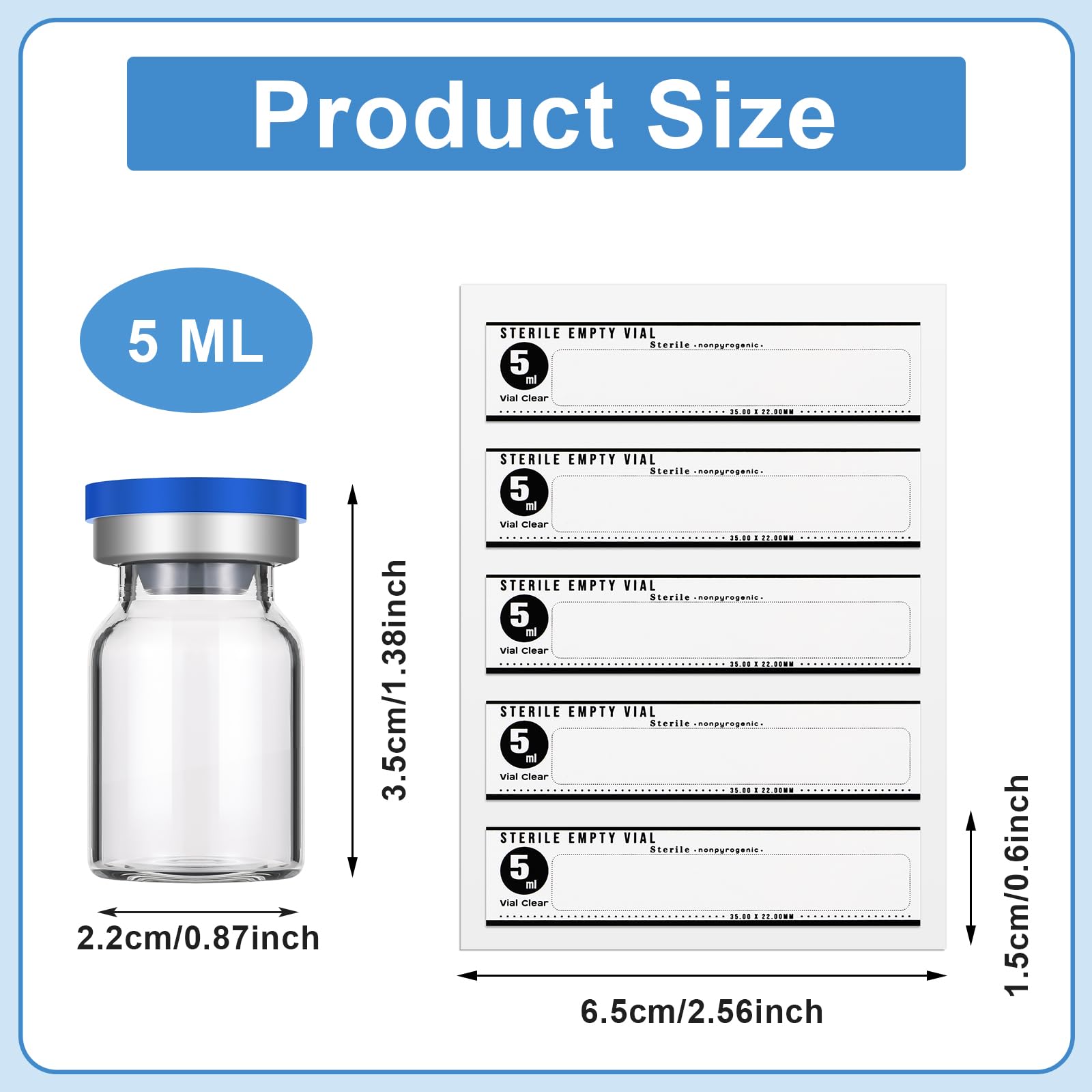 Threlaco 20 Sealed Sterile Empty Vials with Self Healing Injection Port Glass Penicillin Bottle with 20 Label Stickers (5ml)