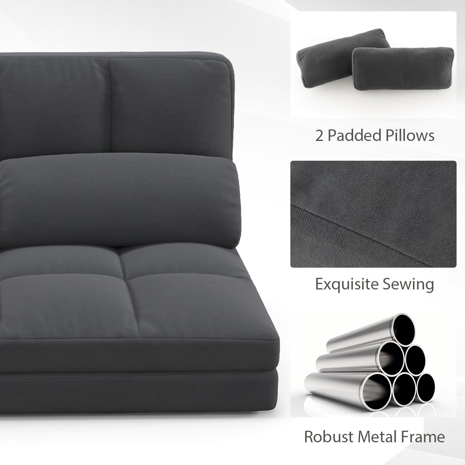 Giantex Floor Sofa Bed with 2 Pillows, Convertible Sofa Couch w/ 6 Positions Adjustable Backrest, Velvet Cover, Folding Lazy Sleeper Sofa for Living Room, Bedroom, Guest Room (Dark Grey)