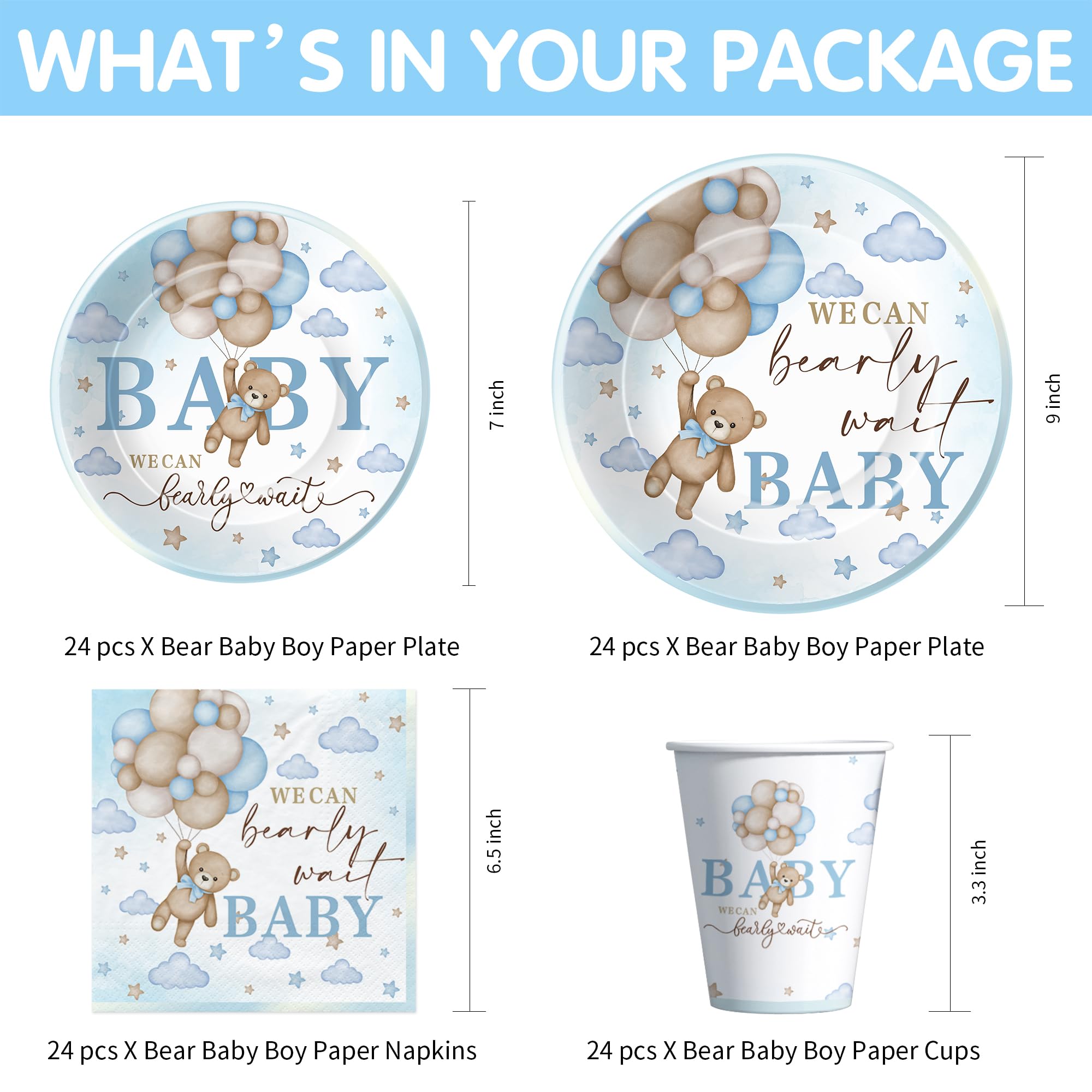 Suhelkit Bear Baby Shower Decorations Tableware - We Can Bearly Wait Baby Shower Decorations Boy, Paper Plate, Napkin, Cup, Cutlery, Tablecloth, Blue Teddy Bear Baby Shower Party Supplies | 24 Guests