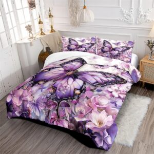 CCoutueChen Purple Butterfly Comforter Set Queen Size Chic Flower Butterfly Bedding Sets Botanical Plants Comforter Quilt Boho Animal Bed Set 3Pcs Soft Fluffy Comforter for Girls Women Adult Room