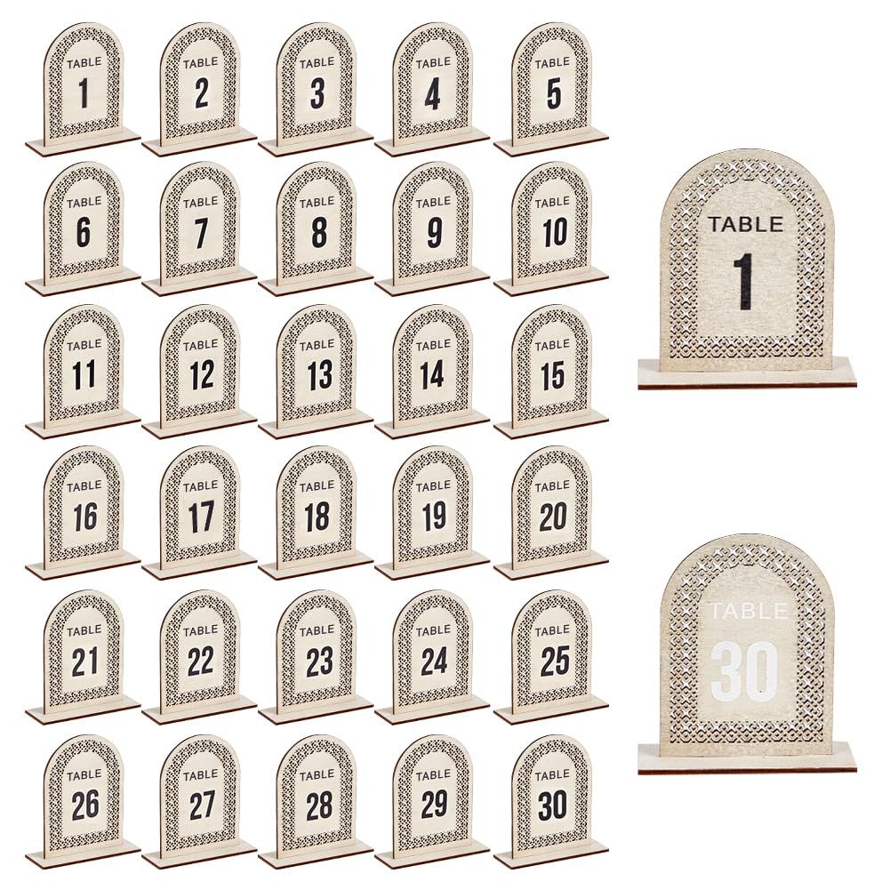 OLYCRAFT 30 Sets Wooden Table Number Signs 3.1x4.3 Inch Numbers 1~30 Rattan Openwork Wooden Sign Wedding Table Numbers Stands with Base Table Number Display for Restaurant Receptions Wedding Supplies