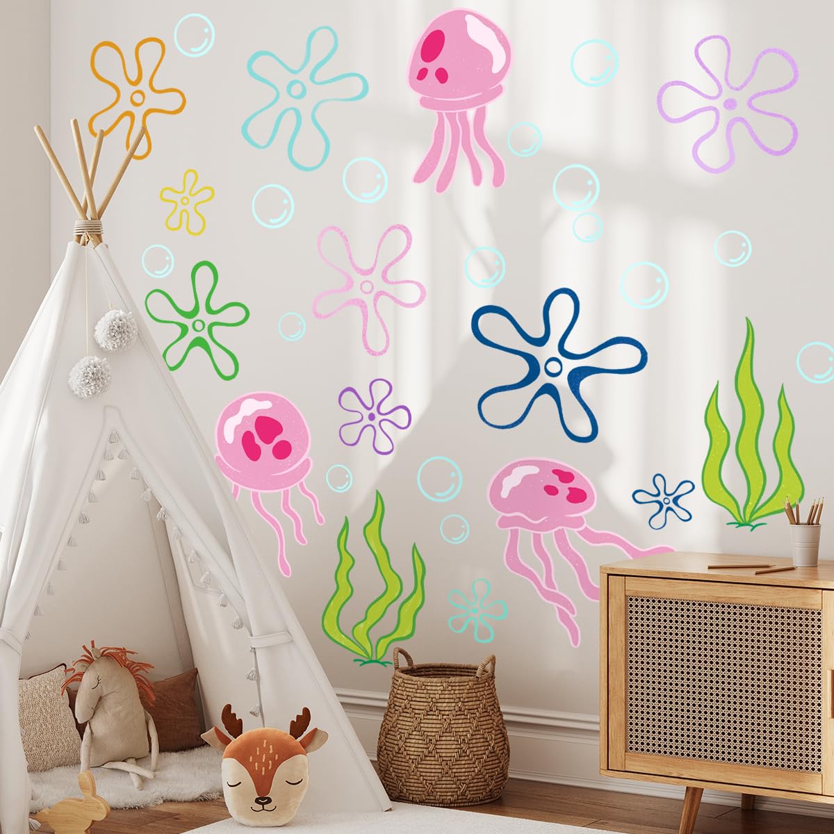 Under The Sea Jellyfish Bubbles Wall Stickers，Under The Sea Ocean Wall Decals，Removable Vinyl Under The Sea Decor，Underwater Sea Wall Stickers for Toddler Baby Nursery Living Room Office.