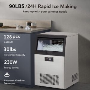 Commercial Ice Maker Machine 90lbs/24H, Stainless Steel Under Counter ice Machine with 30lbs Ice Storage Capacity, Freestanding Ice Maker(4 * 8 Ice Cube)