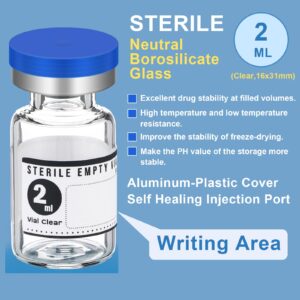 Threlaco 20 Sealed Sterile Empty Vials with Self Healing Injection Port Glass Penicillin Bottle with 20 Label Stickers (2ml)