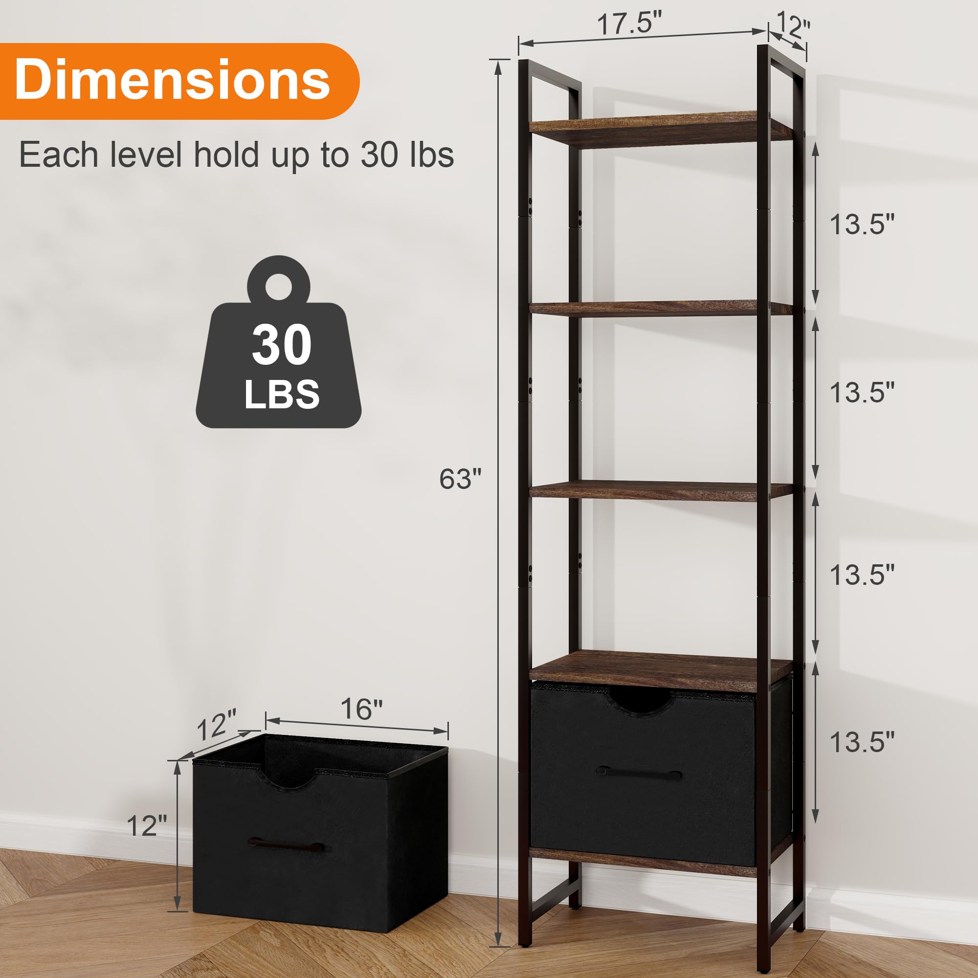 Fun Memories 5-Tier Bookshelf with Drawer - Tall & Narrow Bookcase, Solid Wood & Metal Book Shelf Storage Organizer, Free-Standing Storage Unit for Bedroom, Living Room, Home Office-Brown