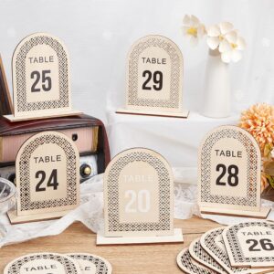 OLYCRAFT 30 Sets Wooden Table Number Signs 3.1x4.3 Inch Numbers 1~30 Rattan Openwork Wooden Sign Wedding Table Numbers Stands with Base Table Number Display for Restaurant Receptions Wedding Supplies