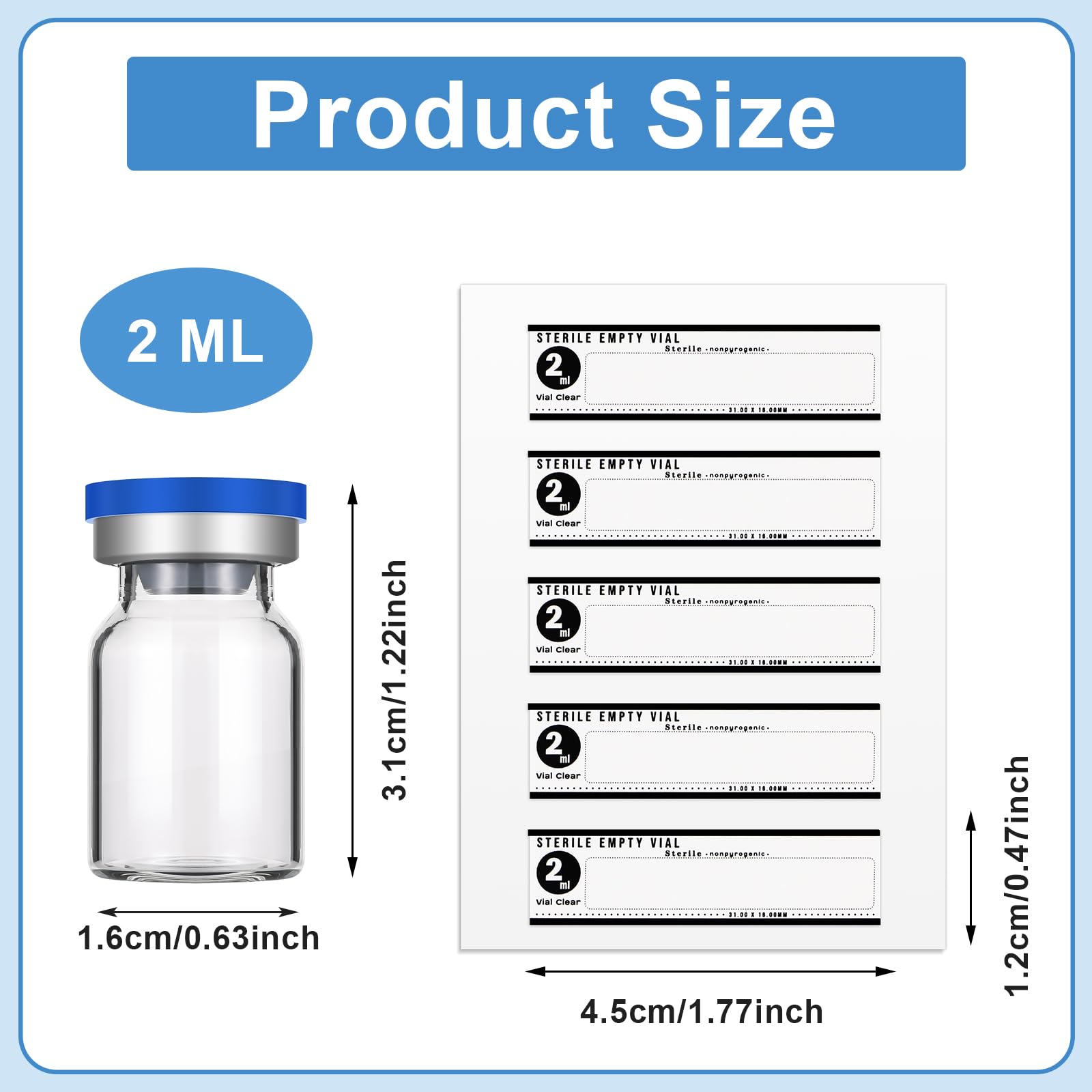 Threlaco 20 Sealed Sterile Empty Vials with Self Healing Injection Port Glass Penicillin Bottle with 20 Label Stickers (2ml)