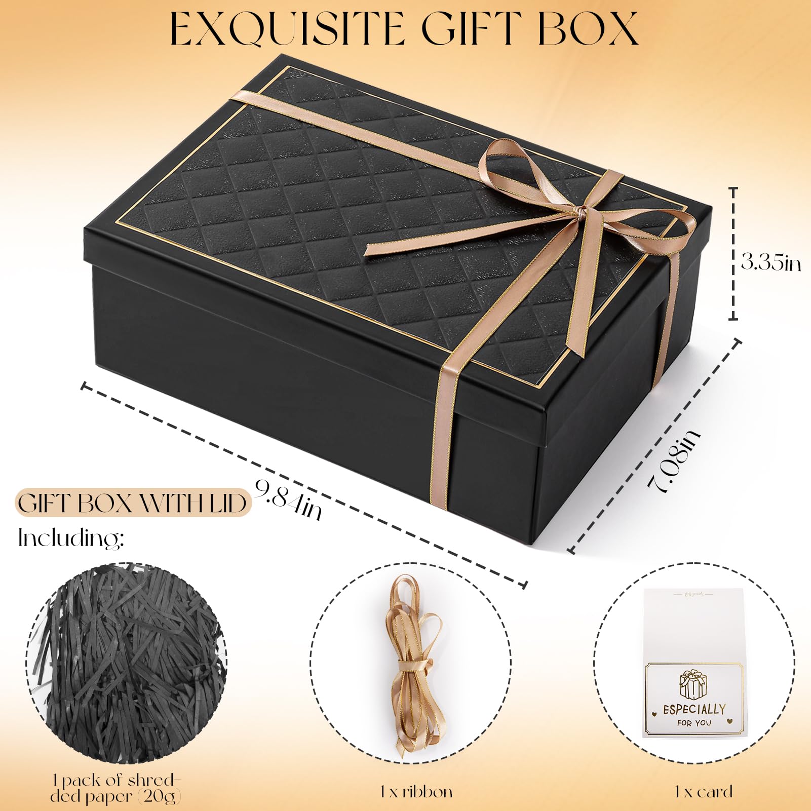 Lainlight Gift Boxes with Lids for Present 9.84 * 7.08 * 3.35 Inches with Card, Ribbon, Shredded Paper for Mother's Day Black