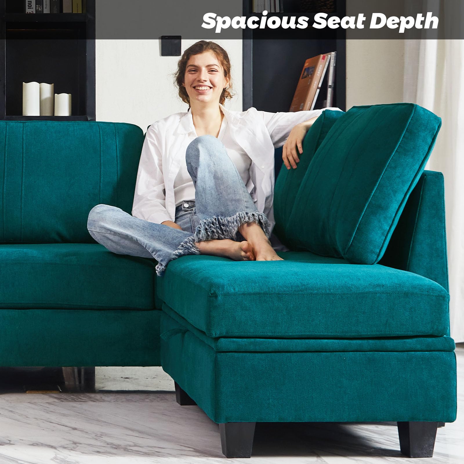 Belffin 4 Seater Sectional Sofa with Reversible Chaise, L Shaped Sofa Sectional Couch with Convertible Storage Ottoman Peacock Blue