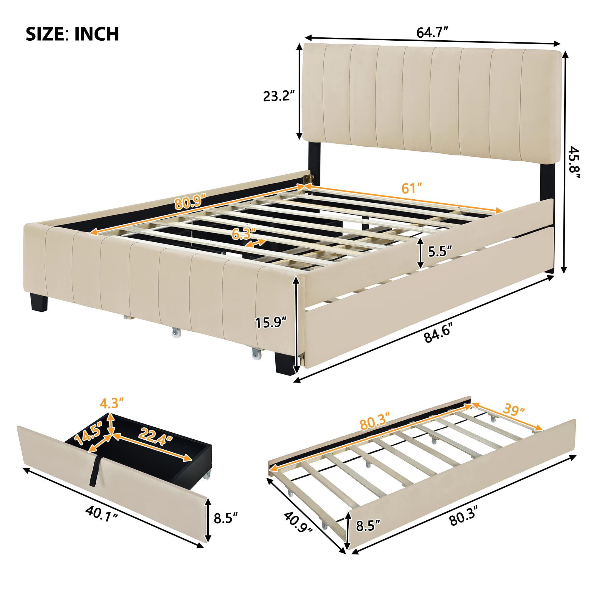 GINGVAT Platform Beds Queen Size, Velvet Upholstered Platform Bed with 2 Drawers and Trundle, Modern Style, Beige