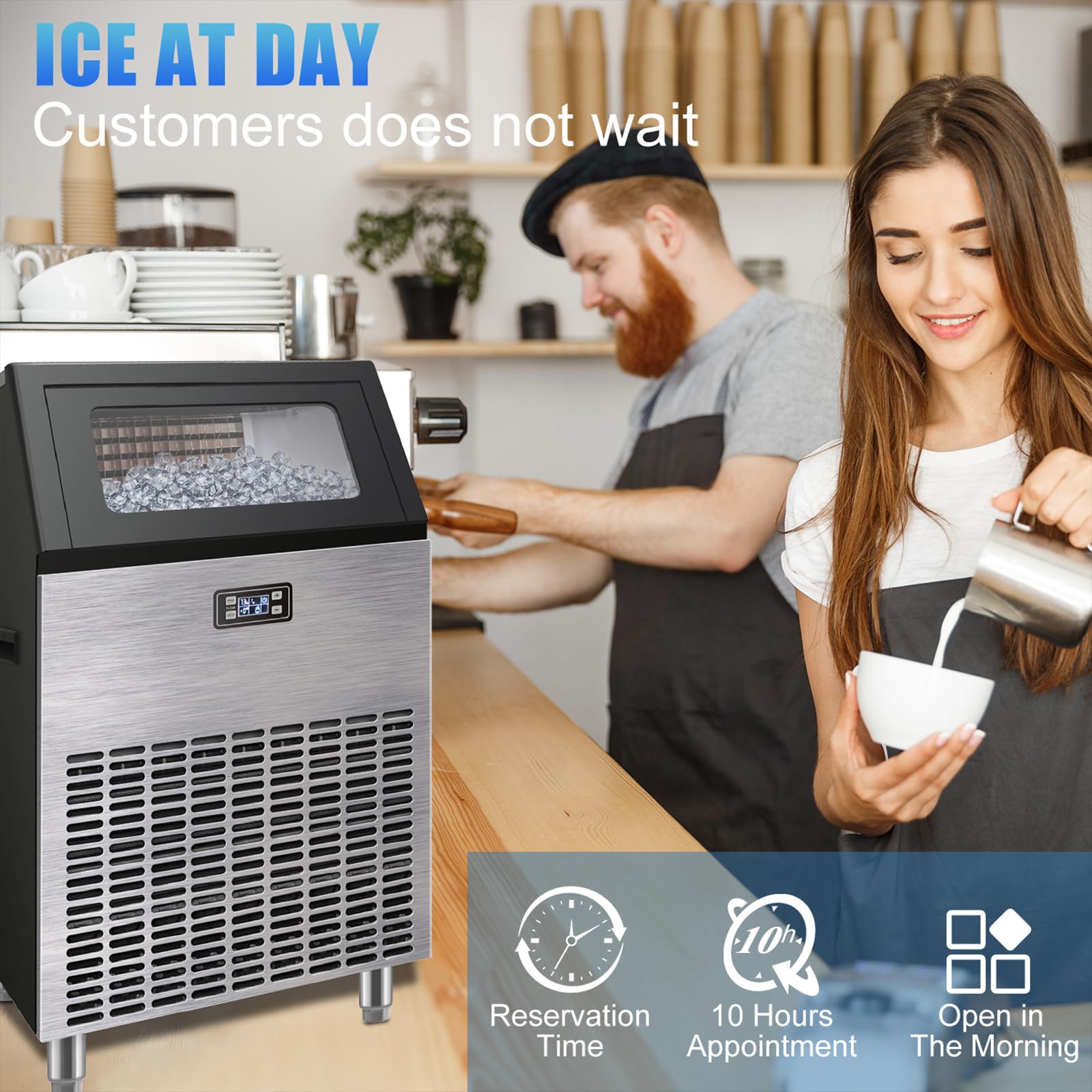 Commercial Ice Maker Machine, 270lbs/24H Stainless Steel Under Counter Ice Machine with 55lbs Ice Storage Capacity, Freestanding Cubic Ice Maker