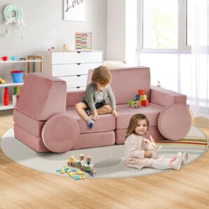 clipop kids couch 10pcs modular kids play couch set, kids couch building fort, instant rebound foam, versatile child sectional sofa for bedroom playroom, stylish baby boy girl gifts (pink)