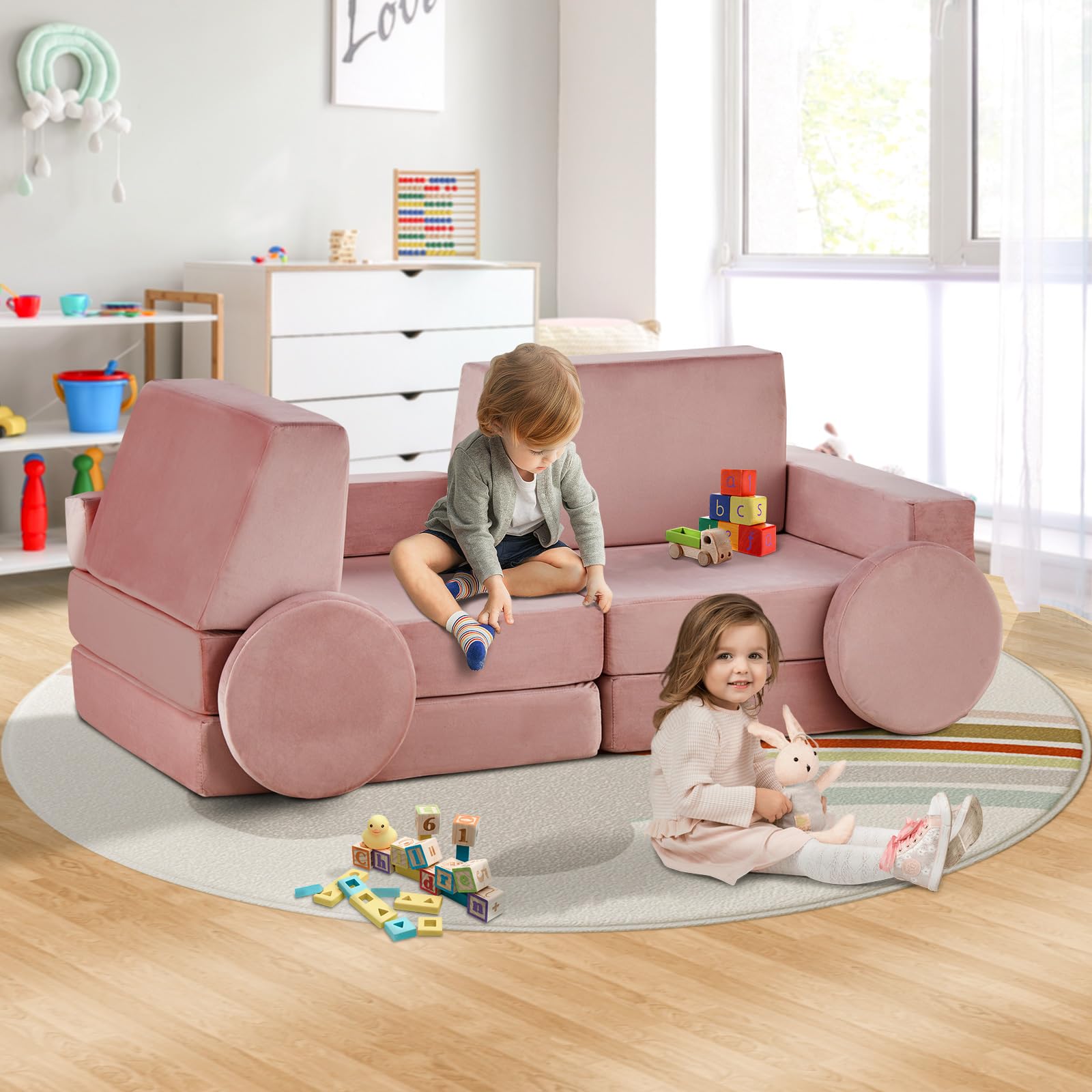 CLIPOP Kids Couch 10pcs Modular Kids Play Couch Set, Kids Couch Building Fort, Instant Rebound Foam, Versatile Child Sectional Sofa for Bedroom Playroom, Stylish Baby Boy Girl Gifts (Pink)