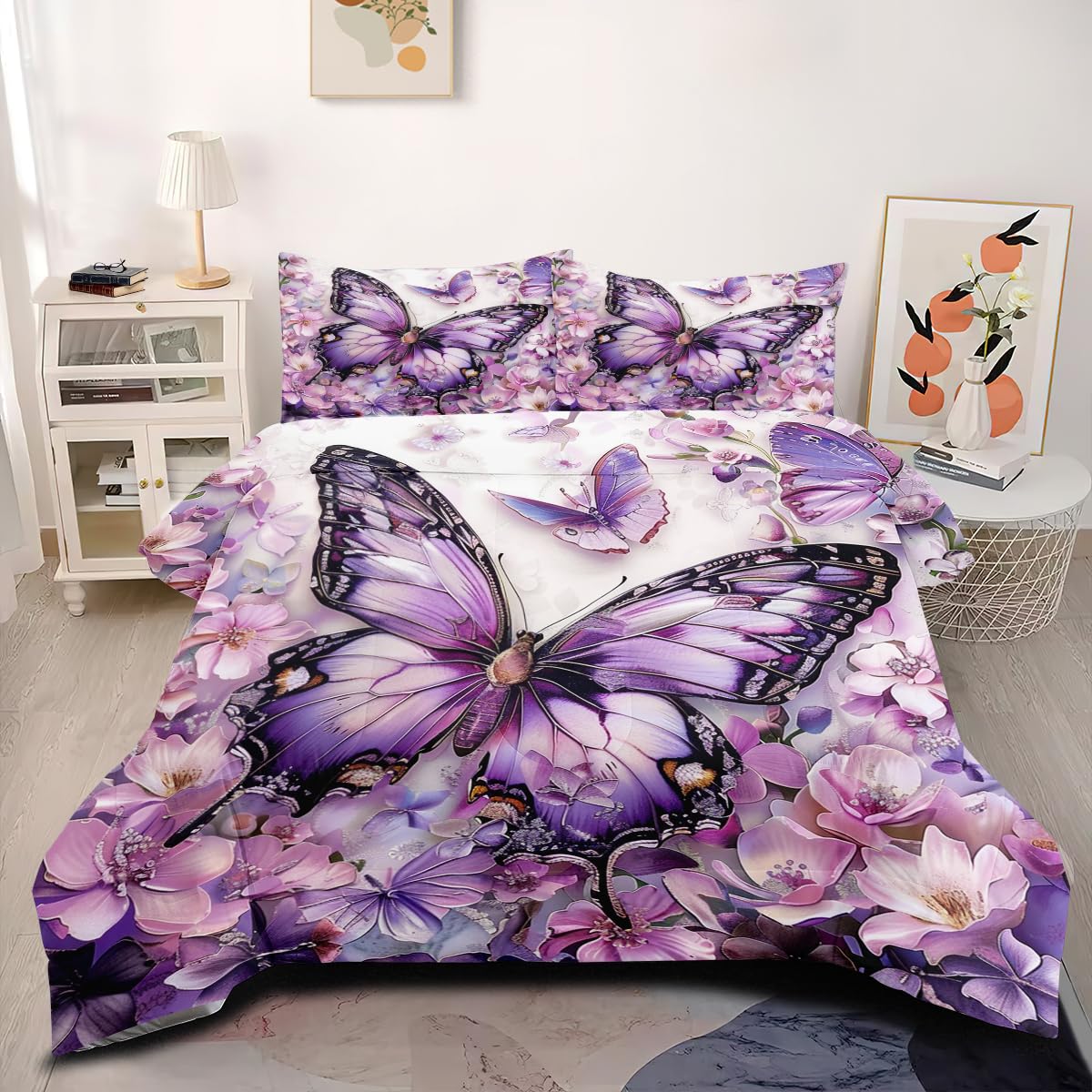 CCoutueChen Purple Butterfly Comforter Set Queen Size Chic Flower Butterfly Bedding Sets Botanical Plants Comforter Quilt Boho Animal Bed Set 3Pcs Soft Fluffy Comforter for Girls Women Adult Room