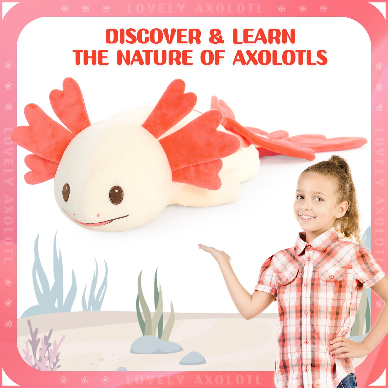 MaoGoLan Large Axolotl Plush Stuffed Animal,Big Axolotl Plush Pillow Toy,Giant Stuffed Axolotl Body Pillow for Holiday Birthday Christmas Day Gift Pink