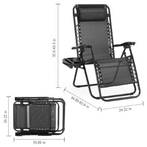 Sweetcrispy Zero Gravity Chairs, Set of 2 Portable Recliner Beach Camping Patio Outdoor Folding Lounge Chair with Cup Holder Trays and Adjustable Pillow for Poolside, Garden, Backyard, Lawn (Black)